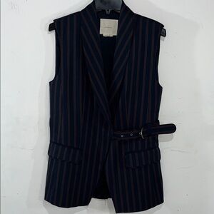 Anthropologie Navy Maroon Gray Striped Sleeveless Side Buckle Collared Vest